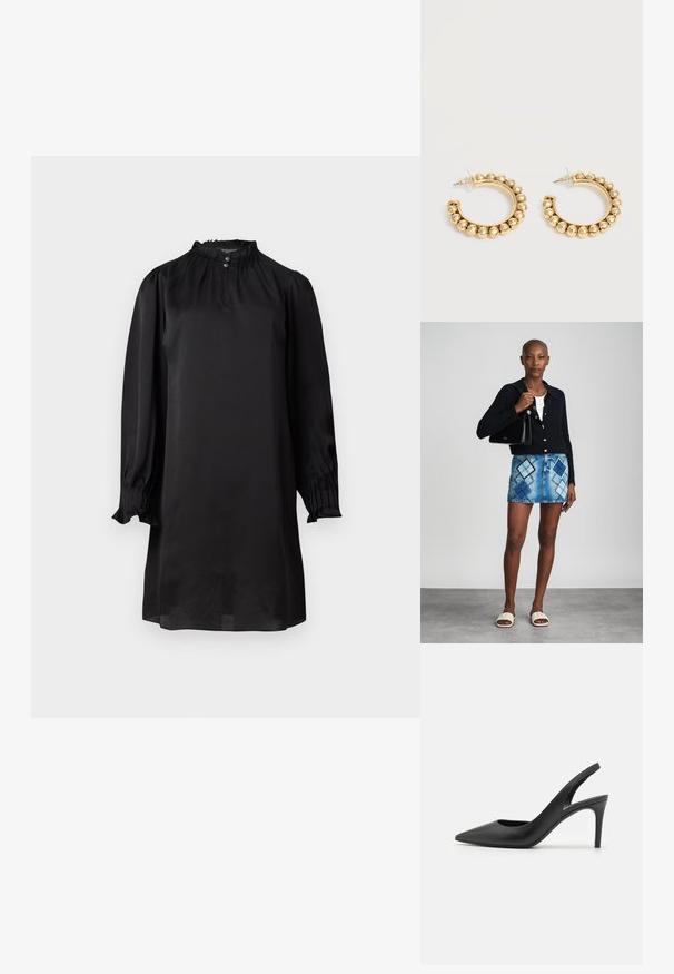 Sort silkekjole med lange, puffede ærmer, der har en høj halsudskæring og subtil indsamling med knaplukning. Glat tekstur, knælang.; Sorte læder slingback høje hæle med spids tå-design, der har en udskæring fortil og en tynd stiletto-hæl.; Sort striktrøje, hvid top, denimnederdel med blå og sort diamantmønster, sort håndtaske og beige slidesandaler.; Et par guldfarvede creoler med afrundede perle-detaljer langs den ydre kant på en lys baggrund.