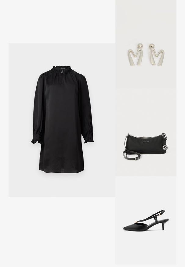 Sort silkekjole med lange, puffede ærmer, der har en høj halsudskæring og subtil indsamling med knaplukning. Glat tekstur, knælang.; Sort læder slingback kitten heel med spids tå, slank T-rem, justerbar spænde og lille guldfinish på remmen.; Sort Michael Kors crossbody-taske med sølvlynlås, justerbar rem og rund MK-logo vedhæng på hvid baggrund.; Par sølvtonede metaleøreringe formet som den kantede bogstav M med runde fester på en hvid baggrund.