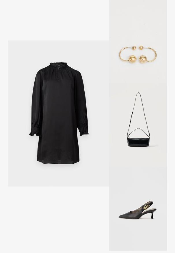 Zwarte zijden jurk met lange, gepofte mouwen, featuring een hoge halslijn en subtiele plooidetails met knoopsluiting. Gladde textuur, knielang.; Zwarte slingback hoge hak schoenen met een spitse neus, een gladde leren textuur en een gouden gespaccent op de band.; Zwarte rechthoekige leren crossbodytas met verstelbare schouderriem, bovenrits en klein gouden Calvin Klein-logo aan de voorkant.; Gouden metalen oorbellen met een circulair ontwerp met twee bollen, één grotere met textuur en een kleinere gepolijste bal aan de bovenkant.
