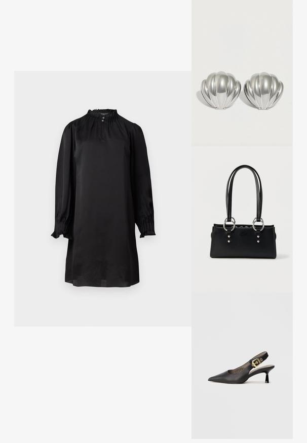 Sort silkekjole med lange, puffede ærmer, der har en høj halsudskæring og subtil indsamling med knaplukning. Glat tekstur, knælang.; Sort slingback højhælt sko med spids tå, glat læderstruktur og en guldfarvet spændeaccent på remmen.; Sort rektangulær håndtaske med dobbelthåndtag, sølvfarvede ringe som hardware og subtil præget logo foran mod en hvid baggrund.; To sølvfarvede kompakte spejle formet som muslingeskaller med ribbede detaljer, placeret side om side på en hvid baggrund.