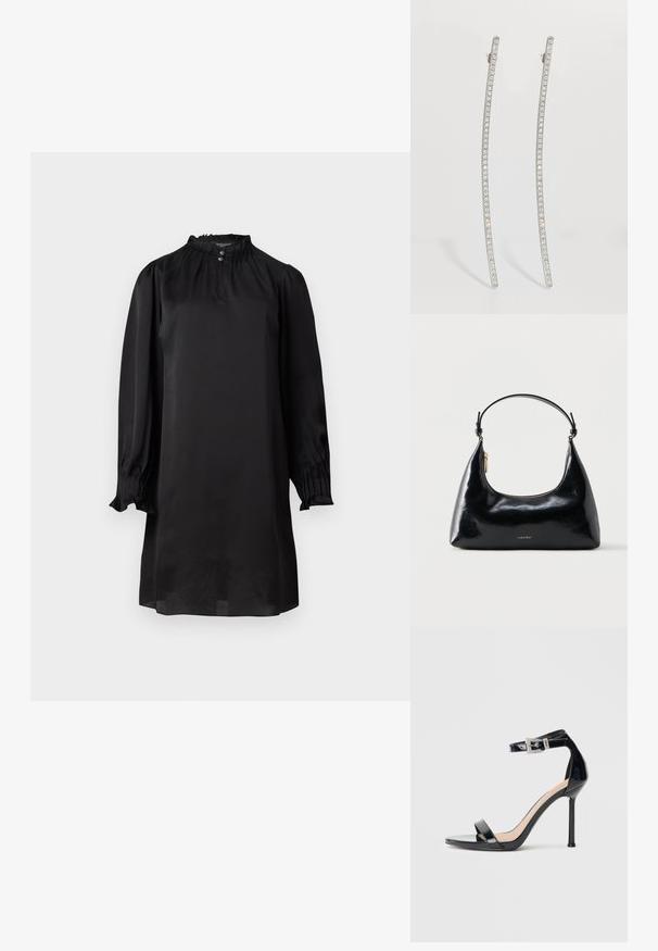 Zwarte zijden jurk met lange, gepofte mouwen, featuring een hoge halslijn en subtiele plooidetails met knoopsluiting. Gladde textuur, knielang.; Zwarte sandalen met hoge hak van lakleer en een enkelriempje. Heeft een minimalistisch ontwerp, open teen en een gesp met strass-steentjes.; Zwarte glanzende Calvin Klein handtas met gouden rits en korte band tegen een effen witte achtergrond.; Zilverkleurige, verlengde oorbellen met een gebogen ontwerp, voorzien van een rij heldere kristallen langs de buitenste randen voor extra sprankeling.