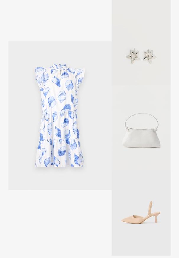 Robe blanche avec des motifs de feuilles bleues, encolure froncée et manches courtes. Dotée d'une jupe à volants et d'une coupe décontractée.; Chausson slingback beige à bout pointu avec un petit talon carré. Matériau synthétique lisse, côtés ouverts et détails de design minimalistes.; Sac à main en cuir tressé blanc avec poignée arrondie et extrémités de lanière nouées, présenté sur un fond uni.; Boucles d’oreilles créoles en forme d’étoile argentée avec une finition lisse et polie sur un fond blanc uni.
