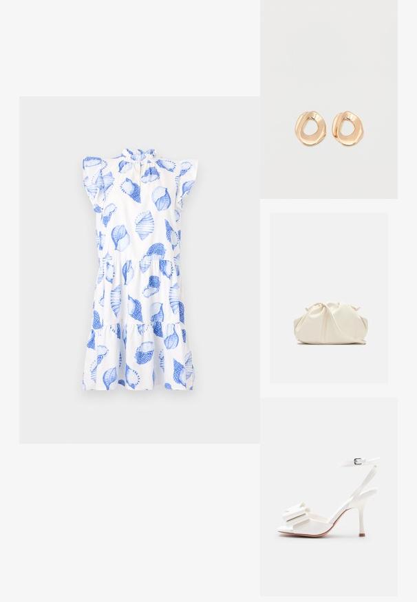 Robe blanche avec des motifs de feuilles bleues, encolure froncée et manches courtes. Dotée d'une jupe à volants et d'une coupe décontractée.; Sandale blanche à talon haut avec bride à la cheville, bout ouvert et nœud décoratif sur la bride avant sur un fond uni.; Pochette en cuir souple couleur crème avec un design froncé et une fine bandoulière reposant à l’avant sur un fond uni.; Paired boucles d'oreilles en métal doré poli de forme irrégulière avec un centre ouvert sur un fond blanc uni.