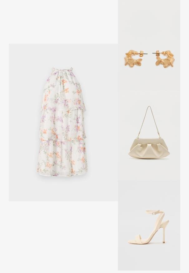 Hvid, blomster-mønstrede kjole med lagdelte flæser. Har pastelfarvede orange, lilla og grønne blomster på et gennemskinneligt stof. Samlet halsudskæring.; Beige højhælede sandaler med en slank ankelrem og firkantet tå. Glat syntetisk materiale, minimalistisk design og stiletto-hæl.; Kremfarvet blød clutch-taske med samlet plissering og en tynd skulderrem med guldfarvet hardware.; Øreringe i guldfarve med en abstrakt, organisk form, der har en tekstureret overflade og lukkemekanisme med stik.