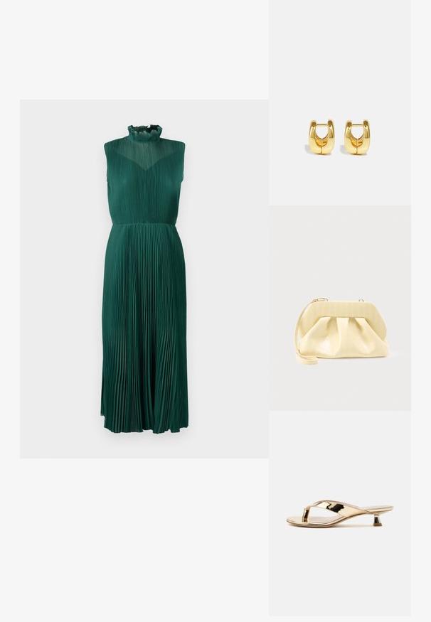 Grünes plissiertes Kleid mit einem hohen, Rüschenausschnitt, ärmellosem Design, fließendem Stoff und einer mittellangen Silhouette. Glatte, strukturierte Oberfläche.; Goldene metallische Sandale mit niedrigem Absatz und schmalem, schrägem Blockabsatz auf weißem Hintergrund.; Beige-farbene Leder-Clutch mit einem festen oberen Rahmen und einem Handgelenkriemen, präsentiert vor einem schlichten hellen Hintergrund.; Goldene Creolen mit einem schlanken, abgerundeten Design. Sie verfügen über eine hohle Mitte und eine glänzende Oberfläche, die moderne Stile ergänzen.