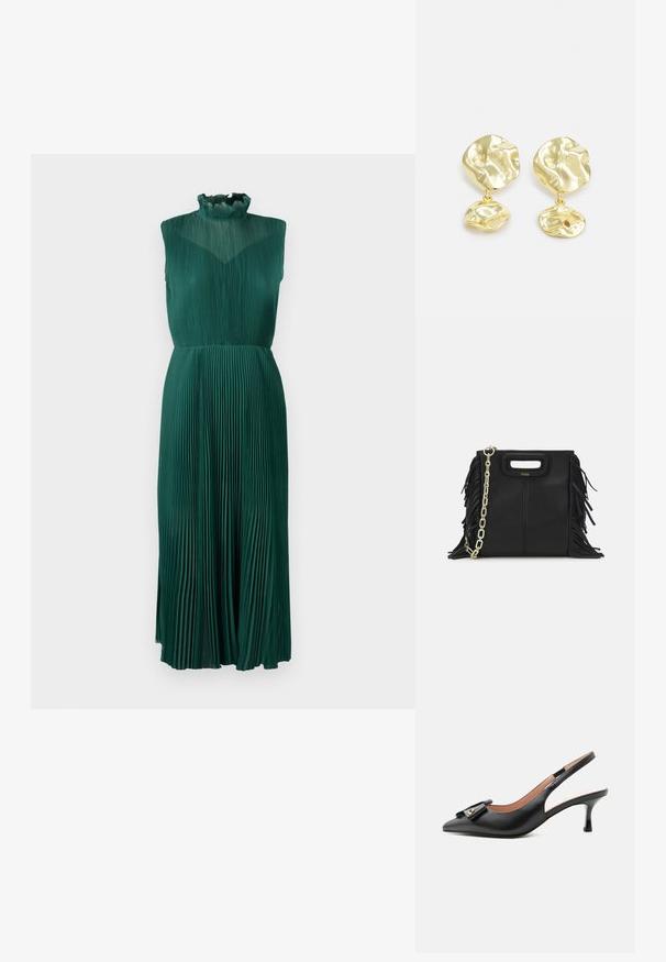 Groene geplooide jurk met een hoge ruches halslijn, mouwloos ontwerp, vloeiende stof en een middellange silhouet. Glad, gestructureerd oppervlak.; Zwarte leren slingback kittenheel met spitse neus en decoratieve strik met een klein gouden accent op een effen witte achtergrond.; Zwarte leren handtas met franjes, gouden schouderband van schakels en een uitsnijding in de handgreep. Heeft het logo prominent aan de voorkant.; Gouden druppel oorbellen met een abstracte, textuurontwerp met twee ongelijkvormige elementen, één grotere boven en een kleinere daaronder.