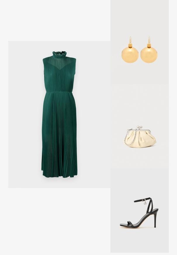 Grünes plissiertes Kleid mit einem hohen, Rüschenausschnitt, ärmellosem Design, fließendem Stoff und einer mittellangen Silhouette. Glatte, strukturierte Oberfläche.; Schwarze High-Heel-Sandale mit schmalem Knöchelriemen, quadratischer Zehenbox, glattem Leder und metallischem Schnallenakzent.; Faltige beigefarbene Ledertasche mit einem silbernen Metallrahmen, ausgestattet mit zwei runden dekorativen Verschlüssen und einem silbernen Kettenriemen.; Paar glänzende goldene Weihnachtskugel-Ohrringe mit Hakenverschlüssen auf einfachem weißem Hintergrund.