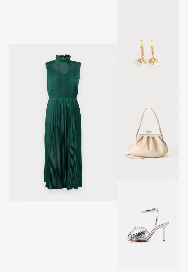 Grünes plissiertes Kleid mit einem hohen, Rüschenausschnitt, ärmellosem Design, fließendem Stoff und einer mittellangen Silhouette. Glatte, strukturierte Oberfläche.; Loeffler Randall MARLENA - High Heel Sandalette - silver; Beige weiche Lederhandtasche mit silbernem Metallrahmenverschluss, einem Schulterriemen und einem optionalen Kettenriemen auf weißem Hintergrund.; Goldene Creolen mit hängenden weißen Perlen, die in Gold gefasst sind, und kleinen klaren Kristallen auf einem schlichten hellen Hintergrund.