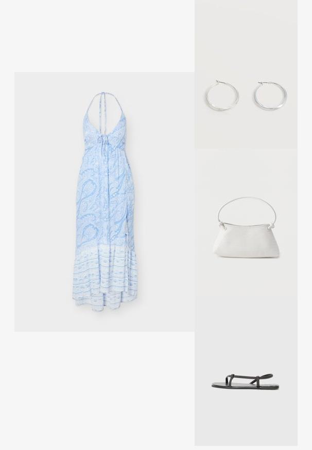Φόρεμα μάξι σε ανοιχτό μπλε με halter neck, σχέδια πεϊσλεϊ και λουλουδιών, δέσιμο στο μπούστο και φαρδιά βάση με ριγέ σχεδιασμό.; Μαύρα επίπεδα σανδάλια με λεπτές, υφασμένες ρίγες και μινιμαλιστικό σχέδιο. Η σόλα είναι λεία και η συνολική σιλουέτα είναι κομψή και διακριτική.; Λευκή πλεκτή δερμάτινη τσάντα χειρός με στρογγυλεμένη λαβή και δέσματα στα άκρα του ιμάντα, εκτεθειμένη μπροστά σε απλό φόντο.; Ασημένια μεταλλικά σκουλαρίκια κρίκοι με λεία, ελαφρώς κυρτή επιφάνεια και κλειδαριά τύπου latch-back σε απλό λευκό φόντο.