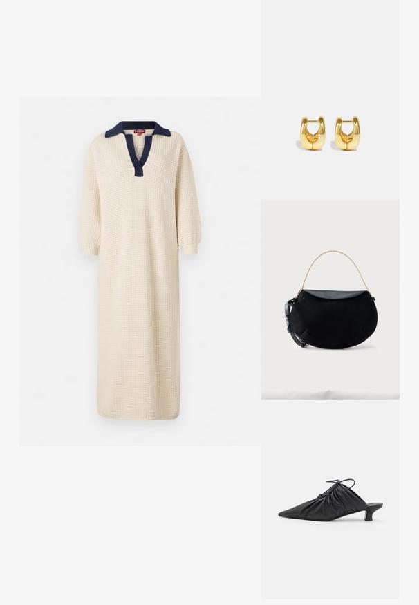 Langes, cremfarbenes Kleid aus strukturiertem Stoff mit einem marineblauen Kragen und einem V-Ausschnitt. Dreiviertelärmel runden das Aussehen ab.; Schwarze Leder-Mules zum Hineinschlüpfen mit spitzer Zehe, geraffter Textur und kleinem Kitten-Heel. Verfügt über ein Zugbanddetail am Öffnung.; Schwarze, mondförmige Handtasche mit glattem Lederklappverschluss, goldener Kettenhenkel und verstellbarem schwarzen Ledertragegurt vor weißem Hintergrund.; Goldene Creolen mit einem schlanken, abgerundeten Design. Sie verfügen über eine hohle Mitte und eine glänzende Oberfläche, die moderne Stile ergänzen.