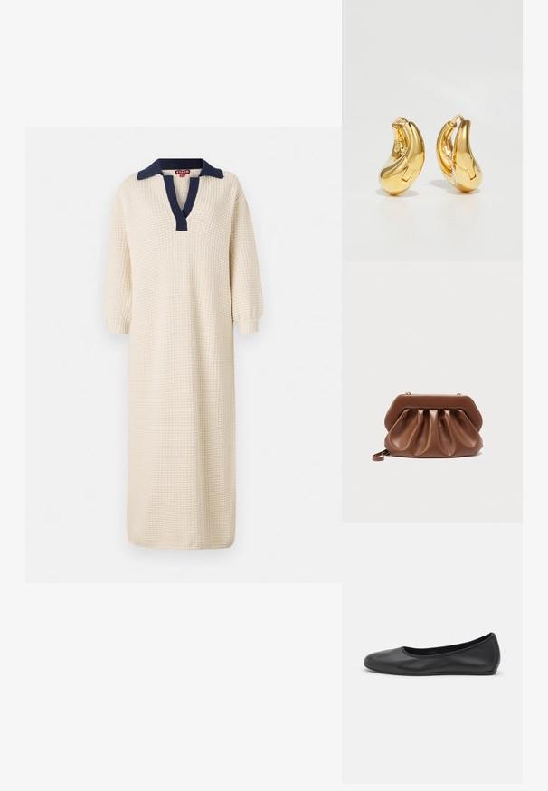 Vestido largo de color crema con una tela texturizada, que presenta un cuello azul marino y un diseño de escote en V. Las mangas tres cuartos completan el conjunto.; Bailarina de piel negra con punta redondeada, textura suave, detalle de costura minimalista y diseño de suela flexible.; Bolso de mano de cuero marrón con diseño fruncido y marco superior estructurado, con una pequeña correa para la muñeca y detalles de cierre en tono dorado.; Pendientes de aro de oro con forma curva y suave, y acabado pulido. Presentan un mecanismo de cierre y ligeras indentaciones para un toque de detalle.