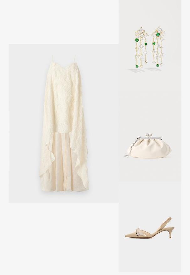 Robe couleur crème avec une superposition en dentelle texturée, un décolleté en V profond et une jupe fluide à couches avec un ourlet irrégulier. Bretelles fines réglables.; Chaussure beige à bouts pointus avec bride arrière, talon kitten bas et fin, et nœud décoratif sur la tige.; Pochette en tissu crème avec un design froncé, cadre en métal argenté, deux boules décoratives, et une bandoulière chaîne argentée.; Boucles d'oreilles dorées avec des chaînes pendantes ornées de gemmes transparentes et vertes de différentes formes, y compris des carrés et des diamants.