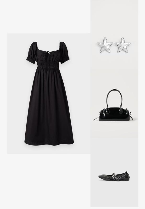 Vestido negro de longitud hasta la rodilla con mangas cortas abullonadas, escote cuadrado y cintura fruncida. Fabricado con tejido ligero y con una textura suave.; Zapato plano de piel negra con puntera afilada, detalle fruncido alrededor de la abertura y un acento de hebilla plateada en la correa ajustable.; Pequeño bolso negro brillante con dos asas largas y detalles de cordón lateral sobre un fondo claro liso.; Pendientes en forma de estrella plateada con una superficie pulida y brillante. Cada pendiente presenta cinco puntas y sutiles detalles de textura en la superficie.