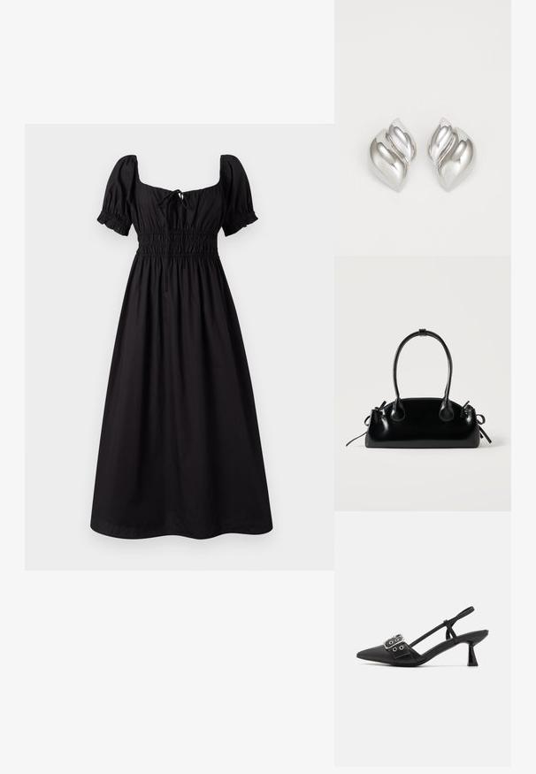 Vestido negro de longitud hasta la rodilla con mangas cortas abullonadas, escote cuadrado y cintura fruncida. Fabricado con tejido ligero y con una textura suave.; Simmi London DALA - Tacones - black; Pequeño bolso negro brillante con dos asas largas y detalles de cordón lateral sobre un fondo claro liso.; Pendientes de plata con una forma orgánica y abstracta. Superficie lisa y brillante con un diseño cónico. Presentan suaves curvas y un detalle de línea central.