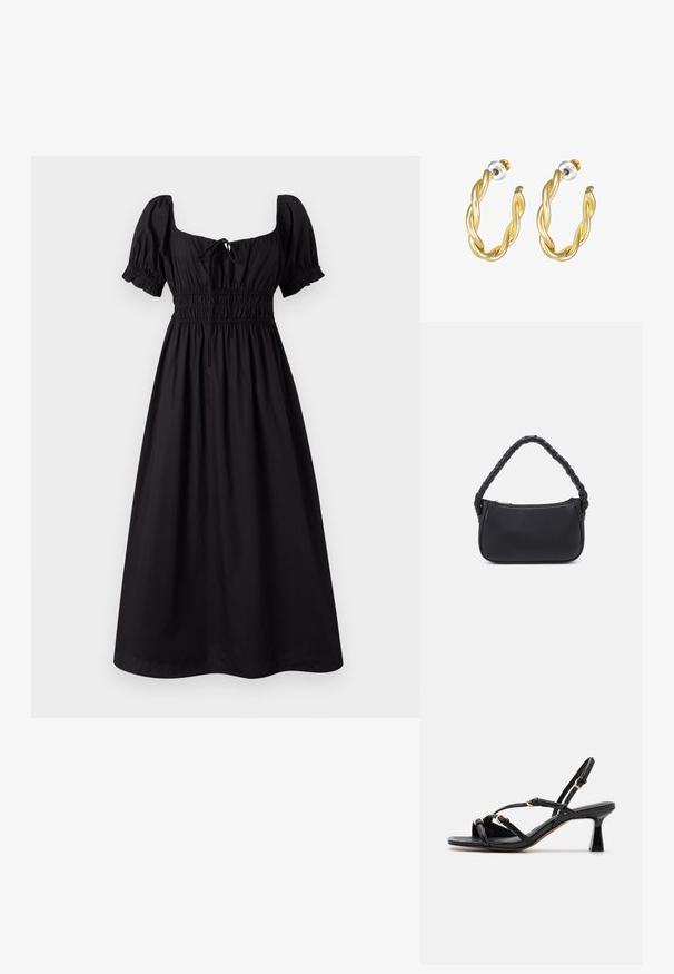 Vestido negro de longitud hasta la rodilla con mangas cortas abullonadas, escote cuadrado y cintura fruncida. Fabricado con tejido ligero y con una textura suave.; Call it Spring DIANAH - Sandalias - black; Bolso negro de forma redondeada, hecho de material liso. Presenta un asa trenzada y un cierre de cremallera para un almacenamiento seguro.; Pendientes de aro retorcidos en oro con una superficie lisa, que cuentan con un respaldo transparente y herrajes en tono dorado.