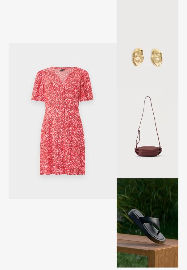 Vestido rojo con escote en V y mangas cortas abullonadas. Presenta un patrón de puntos blancos y detalles de botones en el frente. Tejido liviano.; Sandalia chancla de cuero negro flotando sobre un banco de madera al aire libre con hierba alta y verde desenfocada al fondo.; Pequeño bolso bandolera de cuero granate con correa delgada ajustable, mostrado plano sobre un fondo blanco.; Par de pendientes de metal dorado brillante, con forma irregular y superficie arrugada y lisa sobre un fondo claro y sencillo.
