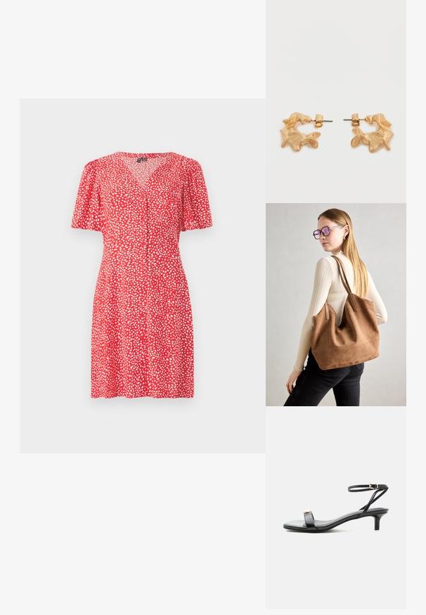 Vestido rojo con escote en V y mangas cortas abullonadas. Presenta un patrón de puntos blancos y detalles de botones en el frente. Tejido liviano.; Sandalia de cuero negro con punta abierta, tacón bajo tipo ‘‘kitten’’, tirante fino en el tobillo con hebilla dorada y detalle decorativo dorado en la tira delantera.; Bolso de tote de ante marrón con textura suave, gran abertura y asas largas. Presenta un diseño sencillo con costuras visibles y sin herrajes.; Pendientes de tono dorado con una forma abstracta y orgánica, que presentan una superficie texturizada y un cierre de poste trasero.