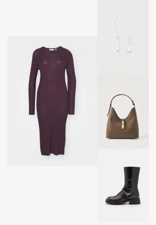 Musta hihallinen ribbed-mekko tummassa purppurassa. Ominaisuuksina tiukka siluetti ja pyöreä pääntie, jossa on aaltoileva reuna hihan hihoissa.; MIISTA DAHLIA - Platform-saappaat - brown; Ruskea nahkainen käsilaukku, jossa on säädettävä yksittäinen olkahihna ja keskellä kullanvärinen lukko yksivärisellä taustalla.; Kaksi epäsäännöllisen muotoista, kiiltävää hopeaa pisaran muotoista korvakorua, joissa on kaartuvat varret, yksinkertaisella valkoisella taustalla.