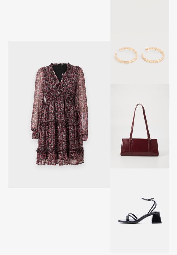Robe noire transparente à motifs floraux avec manches longues, col en V à volants, taille marquée, jupe à volants et petit motif de fleurs rouges et blanches.; Sandale noire à brides ouvertes avec boucle à la cheville et talon bloc, vue de côté sur un fond clair uni.; Sac à main bordeaux en matériau brillant, de forme rectangulaire, avec deux anses et des accents légèrement courbés à l'avant.; Boucles d'oreilles créoles ton or avec un design ondulé irrégulier et des accents de cristaux clairs incrustés, fixées par des clous à dos en plastique.