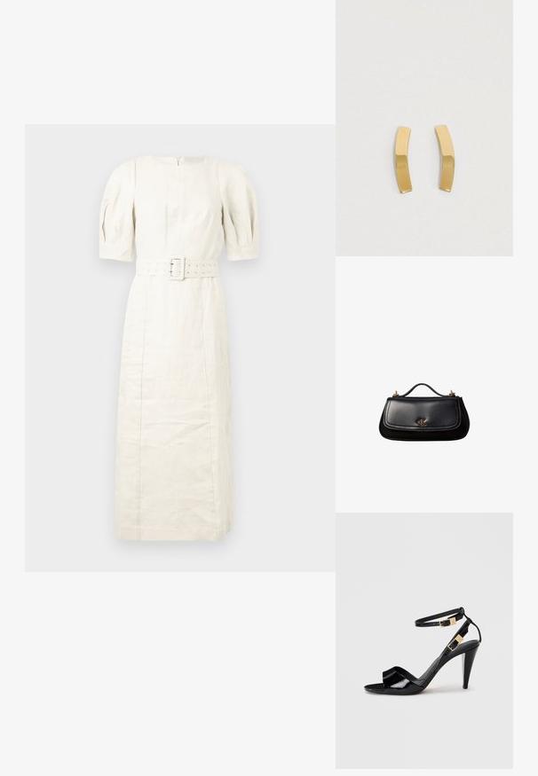 Leinen-Midi-Kleid in hellbeige mit kurzen Puffärmeln, tailliertem Gürtel und einem Reißverschluss hinten. Sanfte Textur, minimalistisches Design.; Schwarze, lackierte High-Heeled-Sandalen mit doppelten Knöchelriemen und goldenen Schnallen, Zehen offen und schlankem, spitz zulaufendem Absatz auf neutralem Hintergrund.; Schwarze Lederhandtasche mit kleinem Griff, goldfarbenem "cK" Logo auf der Frontklappe und goldfarbenen Hardware-Akzenten.; Ohrringe aus goldfarbenem Metall mit einem geschwungenen, elongated Design. Die Oberfläche ist glatt und poliert und zeigt einen minimalistischen Stil.