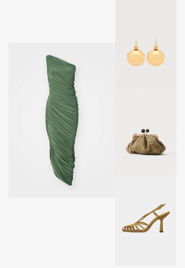 Grünes, einseitig trägerloses Kleid aus gerafftem, strukturiertem Stoff, das eine figurbetonte Silhouette hat, die bis zum Saum fließt.; Goldfarbene Riemchen-Sandale mit hohem Absatz, offenem Zehenbereich, verstellbarem Knöchelriemen und mittelhohem, konischem Absatz, seitlich auf weißem Hintergrund gezeigt.; Kleine Clutch mit goldenem und schwarzem geometrischem Muster, goldfarbenem Metallrahmen, schwarzem Kugelverschluss und kurzem goldfarbenem Kettenriemen.; Paar glänzende goldene Weihnachtskugel-Ohrringe mit Hakenverschlüssen auf einfachem weißem Hintergrund.
