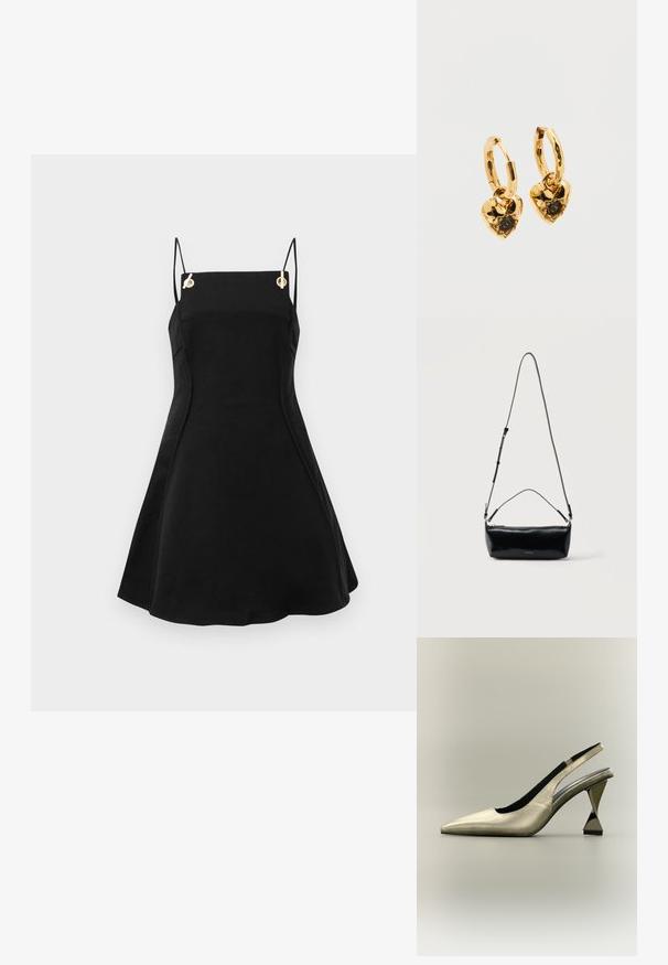 Schwarzes ärmelloses Kleid mit verstellbaren dünnen Trägern, goldenen Hardware-Details und einem ausgestellten Schnitt. Glatte Stoffstruktur.; Einzelner goldfarbener Slingback-Schuh mit spitzer Spitze und einem einzigartigen geometrischen Metallabsatz auf neutralem Hintergrund.; Schwarze rechteckige Leder-Umhängetasche mit verstellbarem Schulterriemen, Reißverschluss oben und kleinem goldfarbenem Calvin Klein-Logo vorne.; Goldene Creolen mit herzförmigen Anhängern. Jedes Herz hat eine strukturierte Oberfläche und einen zentralen schwarzen Edelstein in einer Krappenfassung.