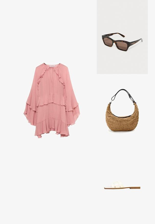 Lyserød chiffon kjole med en afslappet pasform, prydet med flæser ved halsudskæringen, ærmerne og kanten, samt en bindelukning ved halsen.; Hvid flad slip-in sandal med tanfarvet sål og tre brede remme over toppen, vist fra siden på en hvid baggrund.; Skildpaddemønstrede solbriller med kantede stel, brune linser og guld "vogue" branding på armene. Tekstur mønster på stellet.; Vævet stråtaske i beige med en buet silhuet, med en sort læderrem og sølvfarvede hardware-detaljer. Tekstureret finish.