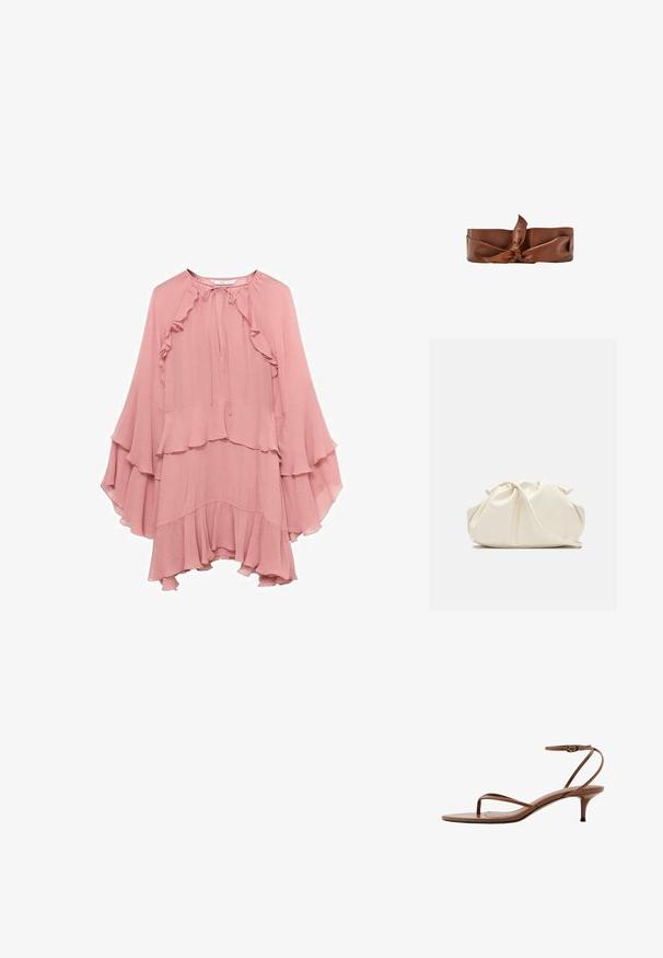Lyserød chiffon kjole med en afslappet pasform, prydet med flæser ved halsudskæringen, ærmerne og kanten, samt en bindelukning ved halsen.; Brun læderhøjhælet sandal med tynde stropper, tåring og ankelspænde på en lille hæl.; Blød, cremefarvet læder clutch taske med samlet, rynket design og en tynd skulderrem, der hviler foran på en ensfarvet baggrund.; Brunt læderbælte med bredt bånd, bundet i en knude i midten, designet som en modeaccessory.