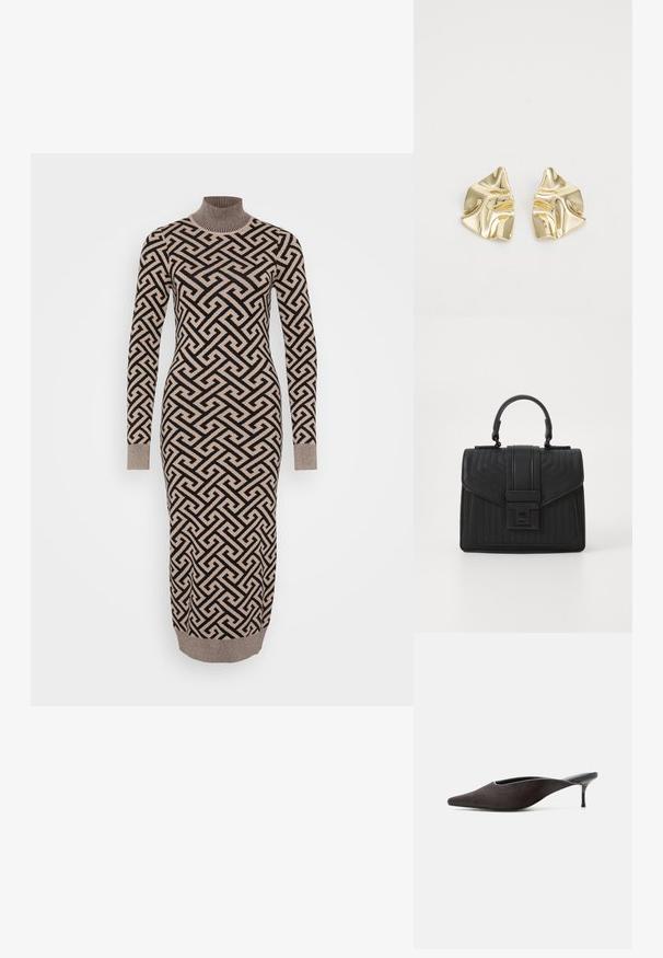 Lang, tætsiddende kjole i et geometrisk mønster i beige og sort, med en ribbestrikket turtleneck og manchetter, lavet af et strikket, struktureret stof.; Sort mule-sko med spids tå, lav stilet-hæl og glat finish, vist fra siden på en hvid baggrund.; Sort læderhandtaske med kviltet tekstur, rektangulær form, topbærerhåndtag og en frontklap med en sølvfarvet spænde.; Guldmetalløreringe med et bølget design; glat, reflekterende overflade; asymmetrisk form; ingen synlige mønstre eller hardware.