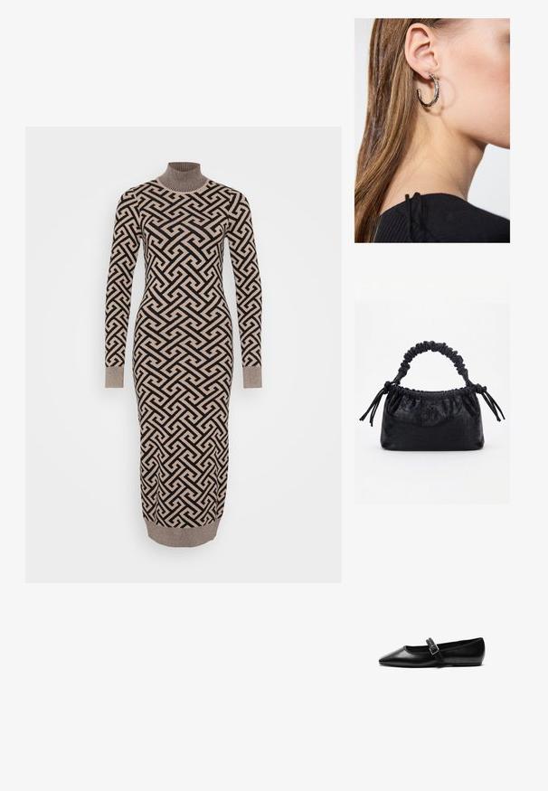 Vestido largo y ajustado en un patrón geométrico en beige y negro, con un cuello alto acanalado y puños, fabricado con un tejido de punto texturizado.; Zapato plano negro de cuero con punta afilada, correa ajustable con hebilla de metal, textura suave y diseño minimalista.; Bolso negro con textura de cocodrilo, borde superior fruncido, asa recogida y cordones con borlas en cada lado sobre un fondo blanco.; Pendiente de aro de plata con un acabado pulido, que presenta pequeños detalles en dorado y una forma redonda, llevado en el lóbulo.