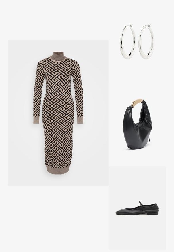 Langes, figurbetontes Kleid in einem beigen und schwarzen geometrischen Muster, mit einem gerippten Rollkragen und Bündchen, aus einem gestrickten, strukturierten Stoff gefertigt.; Schwarze Leder-Ballettschuhe mit einer abgerundeten Zehe, schmalem Vorderblatt und einem kleinen Knöchelriemen mit einer runden Schnalle. Niedrige, flache Sohle.; Schwarze Handtasche aus Kunstleder mit geschwungener Silhouette. Verfügt über einen glänzenden Griff in goldfarbener Metalloptik und geraffte Textur entlang der oberen Öffnung.; Silberne Creolen mit einer glatten, glänzenden Oberfläche. Kreisform, ausgestattet mit einem sicheren Verschluss. Einfaches und elegantes Design.