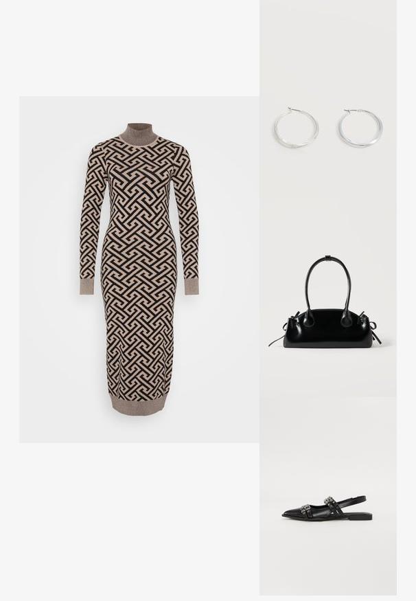 Lang, aangesloten jurk in een beige en zwart geometrisch patroon, met een ribgebreide col en mouwen, gemaakt van een gebreide, gestructureerde stof.; Even&Odd by Zalando Slingback ballerina´s - black; Kleine zwarte glanzende handtas met twee lange hengsels en zijkant trekkoord details op een effen lichte achtergrond.; Zilverkleurige metalen creolen oorbellen met een glad, licht gebogen oppervlak en sluitingen met haaksluiting op een effen witte achtergrond.