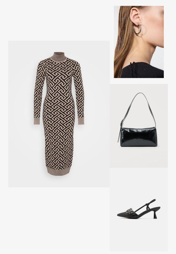 Lang, aangesloten jurk in een beige en zwart geometrisch patroon, met een ribgebreide col en mouwen, gemaakt van een gebreide, gestructureerde stof.; Simmi London DALA - Klassieke pumps - black; Zwarte rechthoekige schoudertas met een enkele verstelbare band en een bovenste ritssluiting op een effen achtergrond.; Zilveren oorbel met een gepolijste afwerking, met kleine gouden accentdetails en een ronde vorm, gedragen op de oorlel.