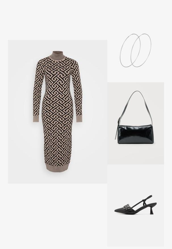 Lang, tætsiddende kjole i et geometrisk mønster i beige og sort, med en ribbestrikket turtleneck og manchetter, lavet af et strikket, struktureret stof.; Simmi London DALA - Pumps - black; Sort rektangulær skuldertaske med en enkelt justerbar rem og lynlås i toppen på en ensfarvet baggrund.; Sølvøreringe med et minimalistisk design. Cirkulær form, glat tekstur og tynd profil. Letvægtige med en poleret overflade.