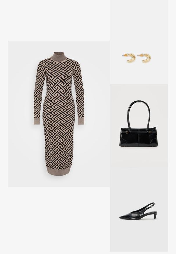 Vestido largo y ajustado en un patrón geométrico en beige y negro, con un cuello alto acanalado y puños, fabricado con un tejido de punto texturizado.; Tacón de piel negra tipo slingback con punta afilada, tacón bajo tipo kitten y correa ajustable con hebilla. Textura suave con un detalle mínimo.; Bolso rectangular negro brillante con dos finas correas para el hombro y pequeños detalles de hebilla dorada en la parte frontal.; Pendientes en forma de media luna de oro con un acabado suave, que presentan acentos naranjas cerca del pasador y herrajes de plata.