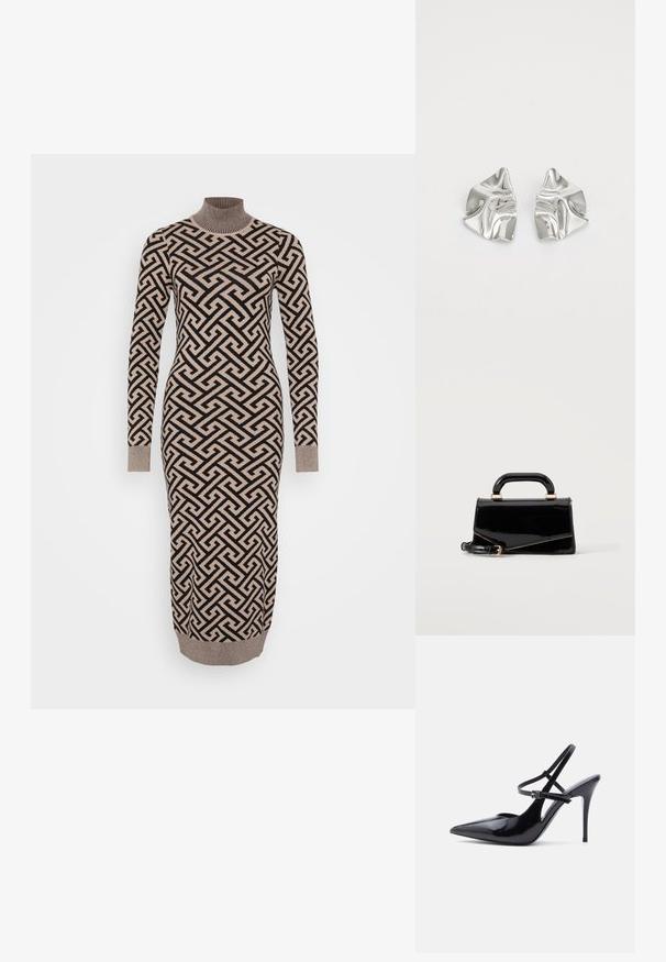 Lang, tætsiddende kjole i et geometrisk mønster i beige og sort, med en ribbestrikket turtleneck og manchetter, lavet af et strikket, struktureret stof.; Sort laklædersko med spids tå og høj hæl, med to smalle justerbare ankelstropper og en stilet hæl, vist fra siden.; Sort blank rektangulær håndtaske med topstrop, guldfarvet hardware og aftagelig rem, placeret på en ensfarvet lys baggrund.; Sølvmetal øreringe med et bølgende, skulpturelt design, der har en poleret overflade og uregelmæssige former, hvilket fremhæver en moderne æstetik.