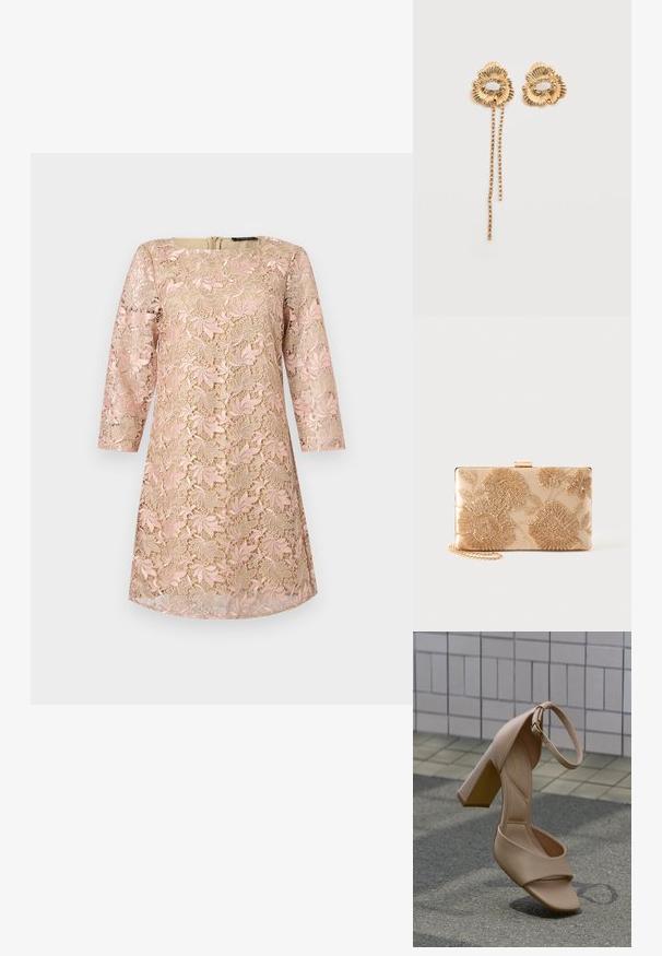Robe beige avec un surcroît en dentelle florale rose, manches trois-quarts et encolure ronde, présentée sur un fond uni.; Sandale à talon haut beige avec bride à la cheville et talon bloc, présentée en angle contre un mur carrelé et une surface de sol texturée.; Pochette rectangulaire beige avec broderie florale dorée et une bandoulière chaîne dorée sur un fond uni.; Boucles d'oreilles florales en or avec des pétales texturés et un anneau de petites pierres claires, une boucle d'oreille comportant deux chaînes pendantes de minuscules pierres.