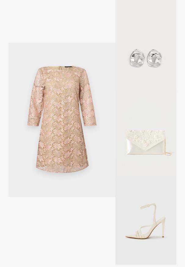 Robe beige avec un surcroît en dentelle florale rose, manches trois-quarts et encolure ronde, présentée sur un fond uni.; Sandales à talons hauts beiges avec un bout pointu, comportant trois brides à l'avant et une fine bride à la cheville avec une boucle. Texture lisse, design minimaliste.; Pochette en satin crème avec broderie de perles et fleurs sur le rabat, et une fine chaîne dorée sur fond blanc.; Boucles d'oreilles en forme abstraite argentées avec une finition poli, présentant des courbes lisses et des contours subtils. Pas de motifs ou d'accents visibles.