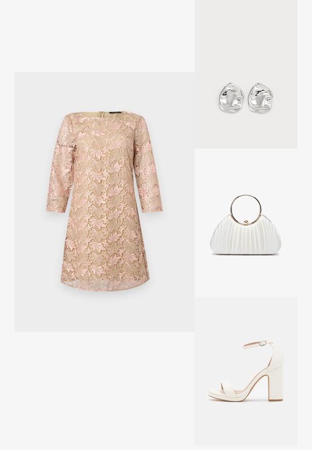 Robe beige avec un surcroît en dentelle florale rose, manches trois-quarts et encolure ronde, présentée sur un fond uni.; Sandale à talon haut blanche avec une bride de cheville, design minimaliste, bout ouvert, talon carré et texture en cuir lisse.; Sac à main plissé blanc avec une poignée circulaire en or, doté d'un tissu doux et d'une forme arrondie. Design élégant avec une finition texturée.; Boucles d'oreilles en forme abstraite argentées avec une finition poli, présentant des courbes lisses et des contours subtils. Pas de motifs ou d'accents visibles.