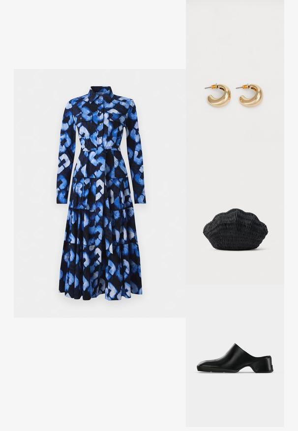 Blaues Kleid mit langen Ärmeln, kragenähnlichem Ausschnitt, Vorderknopfverschluss und gemusterter Stoff, der Blau- und Schwarztöne zeigt, mit zwei Brusttaschen.; Schwarzer Ledermule mit niedrigem Absatz, rundem Zehenbereich und Schlupf-Design, seitlich auf hellem Hintergrund dargestellt.; Schwarze Korbtasche in Muschelform mit gebogenem Oberteil und gewebter Textur auf einfarbigem Hintergrund.; Zwei glänzende goldene Creolen in einem geschwungenen Design mit orangefarbenen Akzenten nahe dem Stecker, vor einem schlichten weißen Hintergrund.