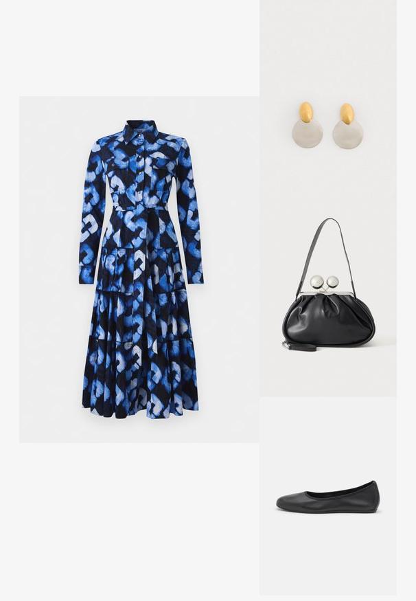 Blaues Kleid mit langen Ärmeln, kragenähnlichem Ausschnitt, Vorderknopfverschluss und gemusterter Stoff, der Blau- und Schwarztöne zeigt, mit zwei Brusttaschen.; Schwarze Leder-Ballettschuhe mit abgerundeter Spitze, glatter Textur, minimalen Nähdetails und einem flexiblen Sohlen-Design.; Schwarze Ledertasche mit gerafftem Design, einem einzelnen Riemen, silbernem Metallrahmen und zwei großen runden silbernen Verschlüssen.; Ohrringe aus Gold und Silber mit einer runden Diskusbasis und einem ovalen Oberteil, glatte Textur und polierte Oberfläche.