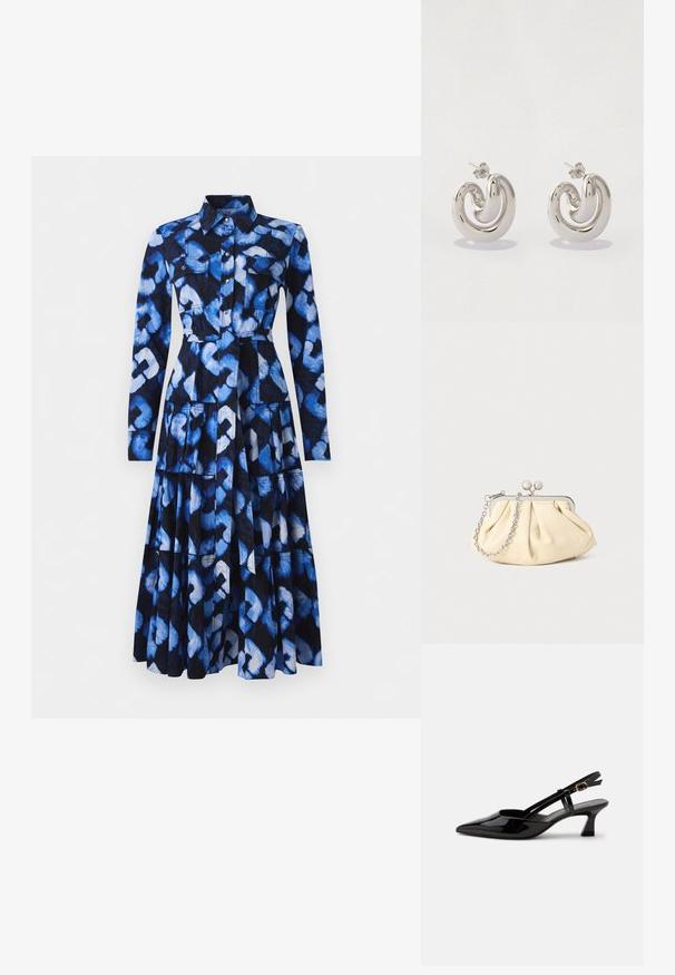 Vestido azul con mangas largas, cuello con solapa, cierre frontal de botones y tejido estampado con tonos de azul y negro, con dos bolsillos en el pecho.; Zapato slingback de charol negro con tacón bajo, punta puntiaguda y correa ajustable con hebilla dorada sobre fondo blanco.; Clutch de cuero beige plisado con un marco de metal plateado, que cuenta con dos broches decorativos redondos y una correa de cadena plateada.; Pendientes de metal plata con un diseño en espiral, que presentan superficies lisas y un acabado pulido, asegurados con un cierre de mariposa.