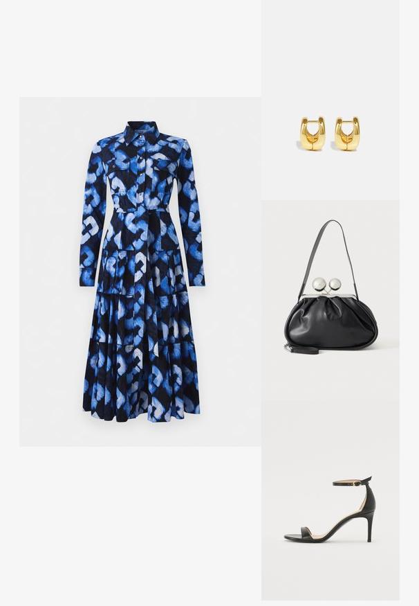 Vestido azul con mangas largas, cuello con solapa, cierre frontal de botones y tejido estampado con tonos de azul y negro, con dos bolsillos en el pecho.; Sándalo de tacón alto de piel negra con tiras en el tobillo. Presenta una textura suave, puntera abierta y un tacón delgado. Detalles de hebilla en tono dorado.; Bolso de mano de cuero negro con diseño fruncido, una sola correa, marco metálico plateado y dos cierres grandes redondos de plata.; Pendientes de aro de oro con un diseño elegante y redondeado. Presentan un centro hueco y una superficie brillante, complementando estilos modernos.