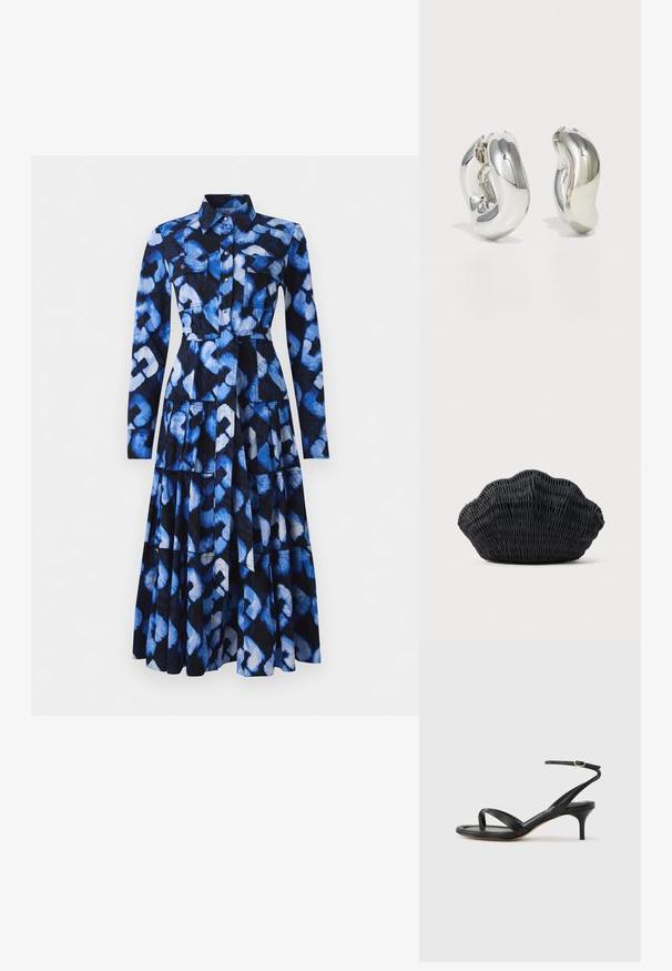 Vestido azul con mangas largas, cuello con solapa, cierre frontal de botones y tejido estampado con tonos de azul y negro, con dos bolsillos en el pecho.; Sandalia negra de cuero para mujer con tiras finas, un lazo para el dedo del pie, hebilla en el tobillo y tacón de aguja de altura media sobre un fondo neutro.; Bolso de mimbre negro con forma de concha de vieira con parte superior curva y textura tejida sobre un fondo liso.; Pendientes escultóricos de plata con formas suaves y curvas y superficies reflectantes. Presentan un diseño de aro cerrado y una forma orgánica distintiva.
