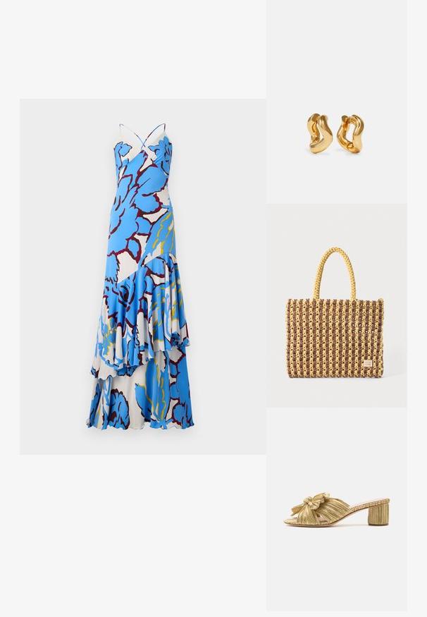 Vestido maxi floral con un patrón en azul y blanco, tirantes retorcidos y volantes en capas. Hecho de un tejido liviano con un diseño fluido.; Sandaña deslizante dorada con detalle de lazo, punta abierta y un tacón cuadrado texturizado. Presenta una suela plana y un forro interno suave.; Bolso tejido en marrón y amarillo, con forma rectangular, dos asas y un acabado texturizado con costuras visibles y una etiqueta de marca.; Pendientes de aro en tono dorado con un diseño ondulado, que presentan una superficie lisa y brillante y una forma aerodinámica. Sin cierres visibles.