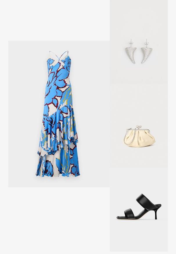 Vestido maxi floral con un patrón en azul y blanco, tirantes retorcidos y volantes en capas. Hecho de un tejido liviano con un diseño fluido.; Sandalia mule de cuero negro con dos tiras anchas y un tacón de aguja delgado de altura media sobre un fondo claro y sencillo.; Clutch de cuero beige plisado con un marco de metal plateado, que cuenta con dos broches decorativos redondos y una correa de cadena plateada.; Pendientes en forma de cuerno plateado, engastados con pequeñas piedras transparentes, que cuentan con un cierre trasero para su sujeción. Textura suave y acabado metálico.