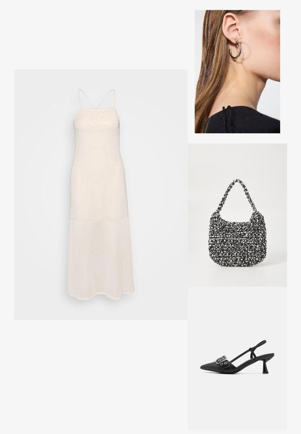 Ανοιχτό μπεζ φόρεμα μέχρι το πάτωμα φτιαγμένο από διακοσμημένο ύφασμα; διαθέτει λεπτές τιράντες και ίσια σιλουέτα. Λείο υλικό με ήπια γυαλάδα.; Simmi London DALA - Κλασικές γόβες - black; Πλεκτή τσάντα χρώματος μαύρου και άσπρου με στρογγυλό σχήμα, υφή και πλεκτή λαβή. Κατάλληλη για καθημερινή χρήση.; Ασημένιο σκουλαρίκι κρίκος με γυαλιστερή φινίρισμα, που διαθέτει μικρές χρυσές λεπτομέρειες και στρογγυλό σχήμα, φορεμένο στον λοβό.