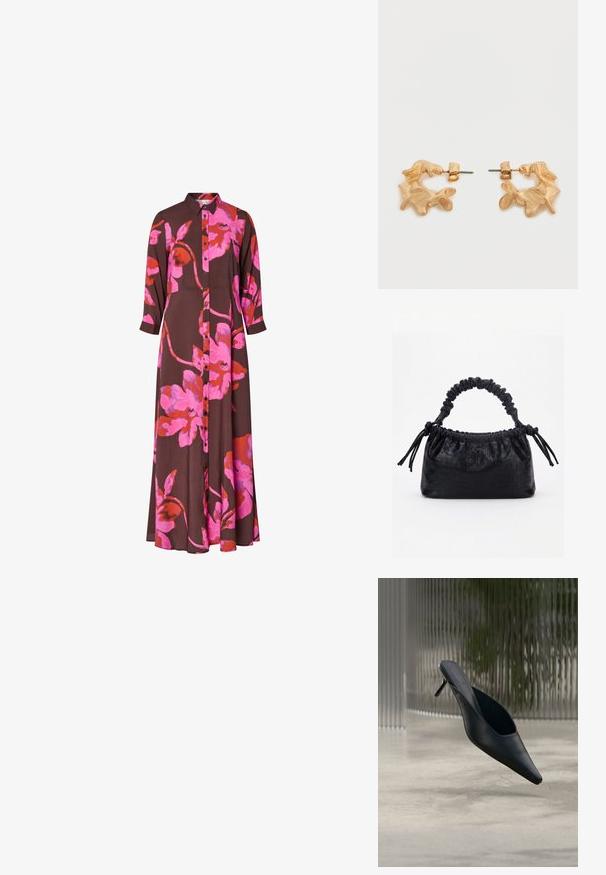 Langærmet brun kjole med stor, blomsterprint i lys pink og rød, knapper foran og krave.; Sort mule sko med spids tå og tynd høj hæl, der svæver over en glat beton gulv med en sløret baggrund med lodrette striber.; Sort taske med krokodilletekstur, rynket øverste kant, samlet hank og snore med kvaster på hver side mod en hvid baggrund.; Øreringe i guldfarve med en abstrakt, organisk form, der har en tekstureret overflade og lukkemekanisme med stik.