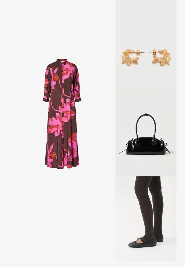 Vestido marrón de manga larga con un gran estampado floral en rosa brillante y rojo, cierre de botones en el frente y cuello.; Piernas con leggings oscuros acanalados combinados con bailarinas negras que presentan pequeños detalles de lazo sobre un fondo blanco.; Pequeño bolso negro brillante con dos asas largas y detalles de cordón lateral sobre un fondo claro liso.; Pendientes de tono dorado con una forma abstracta y orgánica, que presentan una superficie texturizada y un cierre de poste trasero.