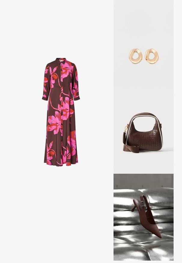 Braunes Kleid mit langen Ärmeln und großem, leuchtend pink-rotem Blumenprint, vorn mit Knopfleiste und Kragen.; Brauner spitzer Slingback-Schuh mit niedrigem Absatz und Schnallenriemen, der auf einer glänzenden, silbermetallischen, gesteppten Oberfläche ruht.; Braune gewebte Lederhandtasche mit weißer Paspel, goldenem Reißverschluss und abnehmbarem braunem Stoff-Schulterriemen.; Paar unregelmäßig geformter, polierter Creolen aus goldfarbenem Metall mit offenem Zentrum auf weißem Hintergrund.